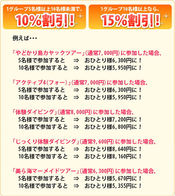 1グループ5名様以上10名様未満で10％割引　1グループ10名様以上で15％割引